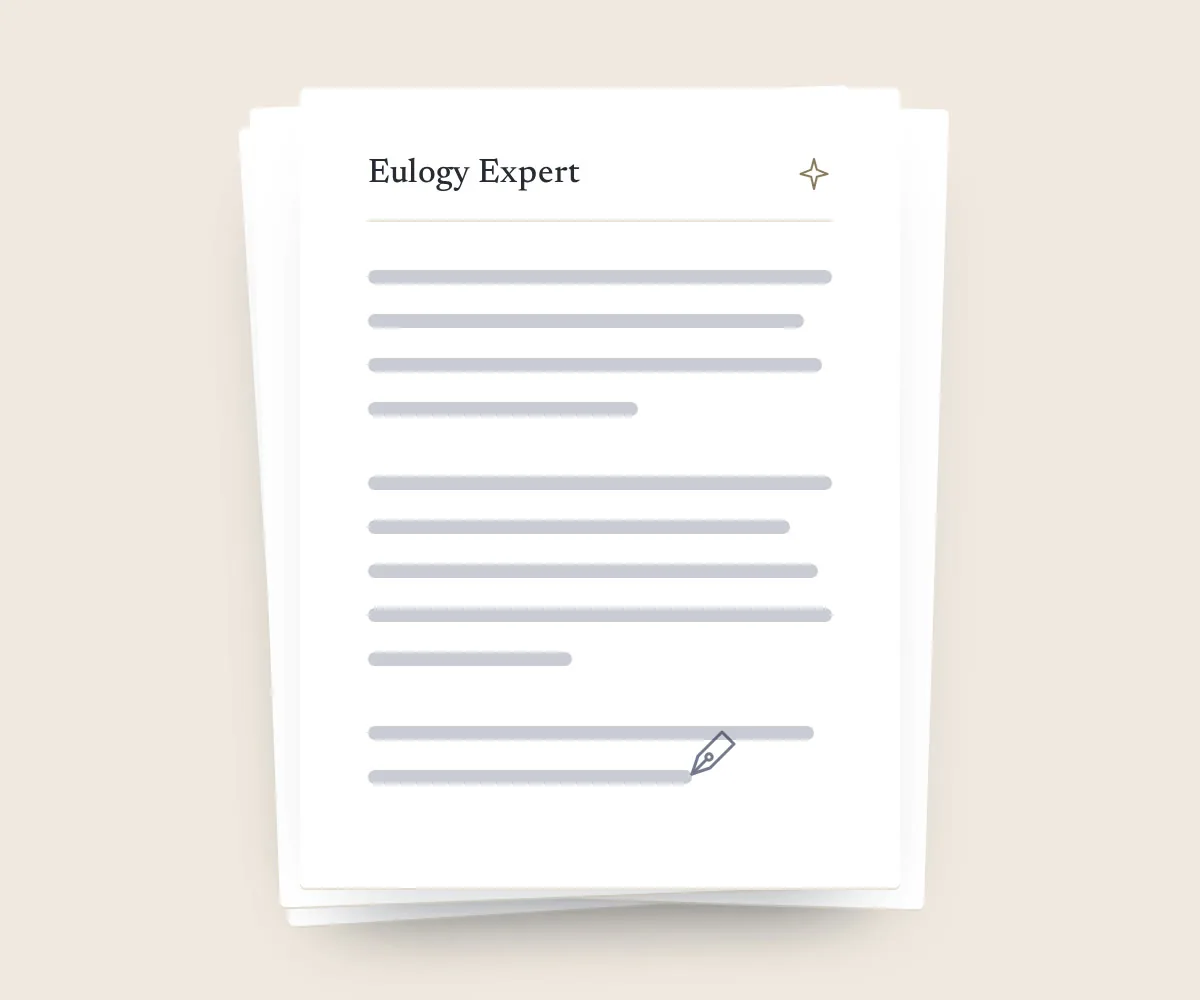 Animation: a form asks “Will you be reading the eulogy?” and “Tell us about a time you shared together.”, then four drafts appear.